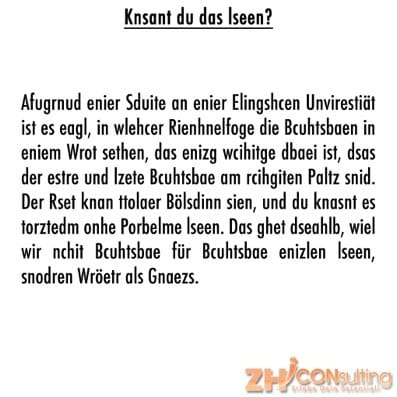 Wahrnehmungsgrenzen: Textillusion, Buchstabenreihenfolge spielt keine Rolle. ZHI Coachingbrief